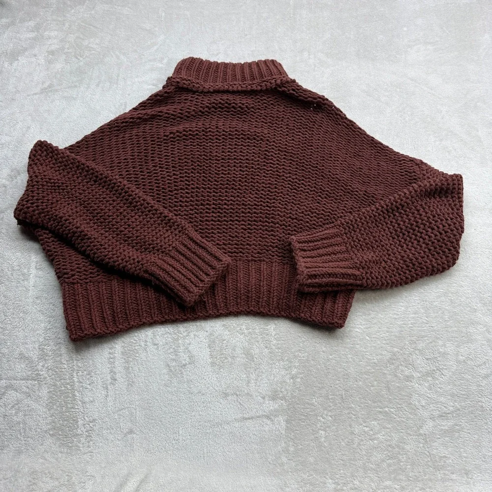 Free People Sweater Women XL Brown Chunky Knit Mock Neck Cropped OB995519